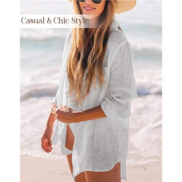 Swimsuit Coverup for Women Bathing Suit Bikini Cover Up Long Sleeve Button Down - Picture 3 of 7
